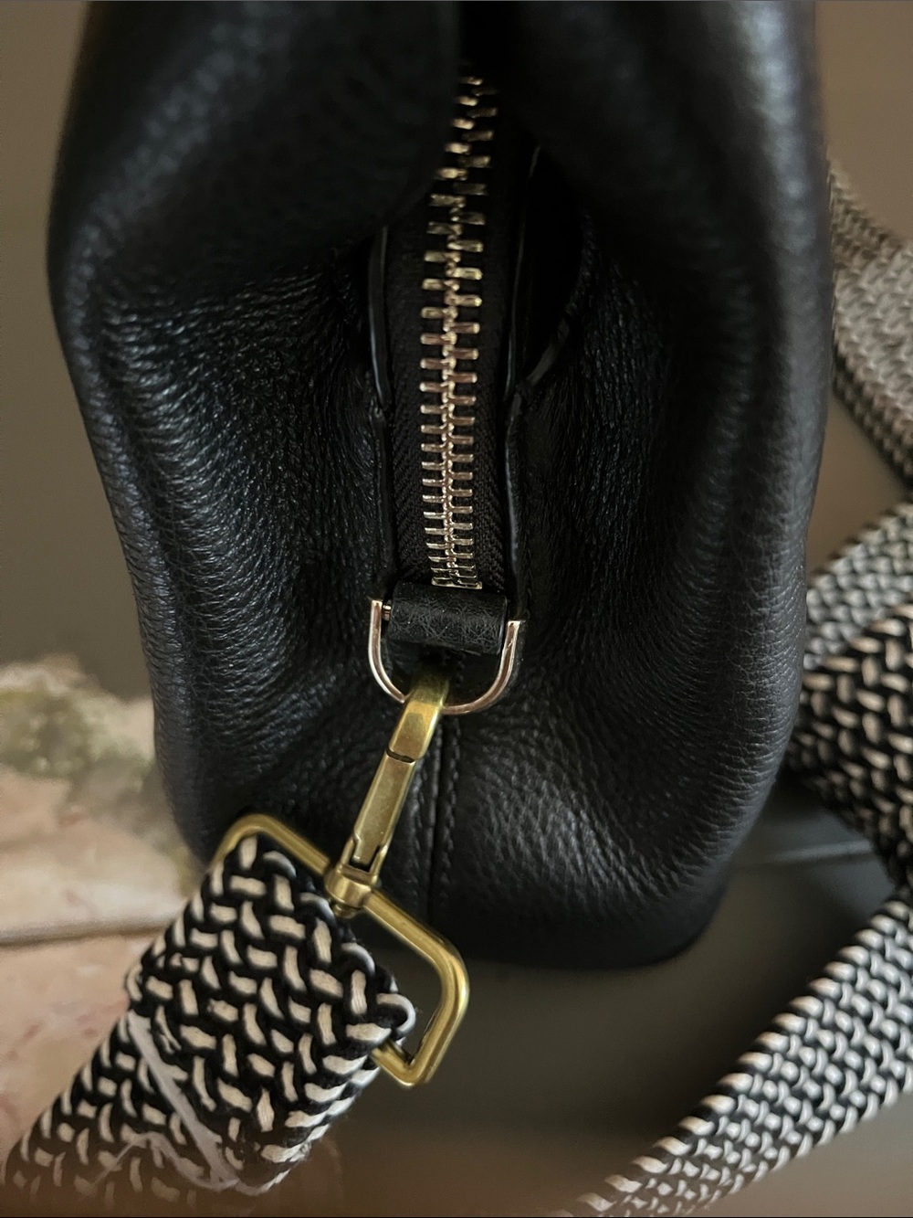 kate spade Black Pebbled Leather Shoulder Bag with Black-and-White Woven Strap - Picture 12 of 16